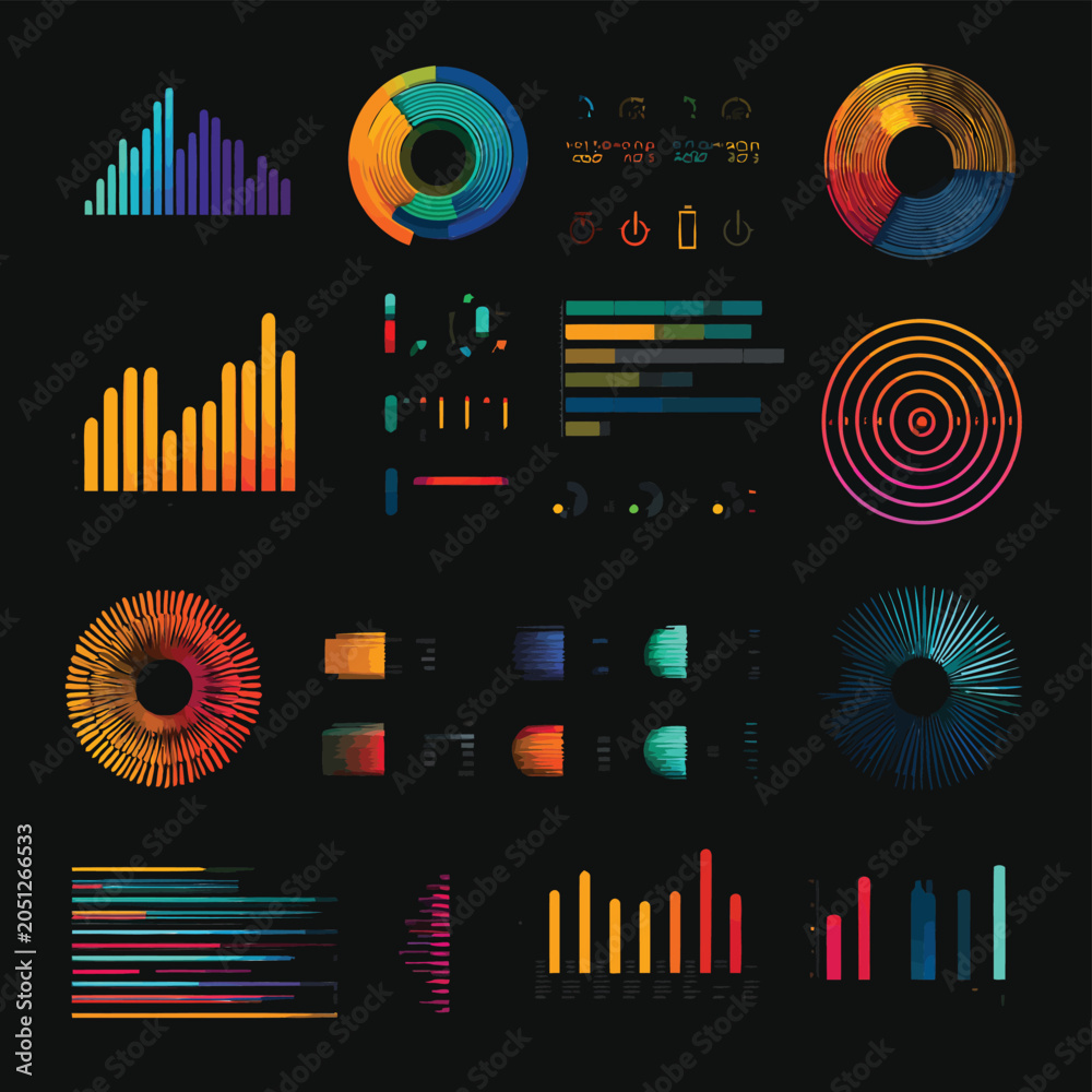 Fototapeta premium Neon infographic elements, colorful data visualization icons, 25 gradient charts and graphs, vibrant business analytics symbols