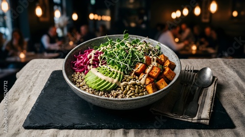 Healthy vegan buddha bowl with tofu, avocado, quinoa, red cabbage, and sprouts in a ceramic bowl on a dark slate board in a restaurant setting