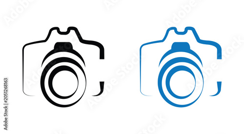 Obraz na płótnie Modern camera lens logo icon design featuring clean aesthetic outline and solid fill variations in black and blue color schemes suitable for photography brands media companies or imaging technology