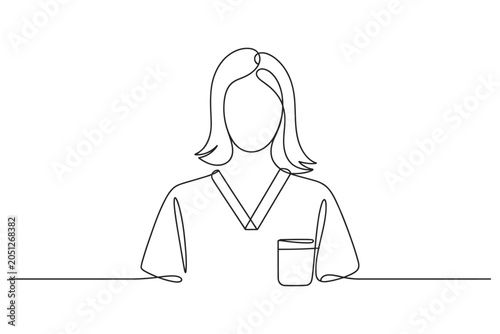 Schilderij op canvas Continuous line drawing of female medical worker in scrubs with medical care hea