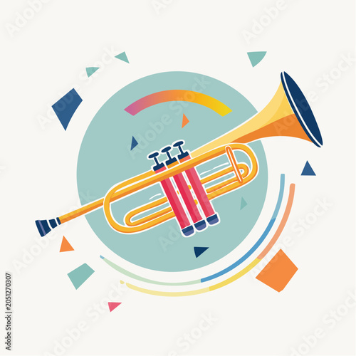 Illustration of a Golden Trumpet with Abstract Geometric Shapes