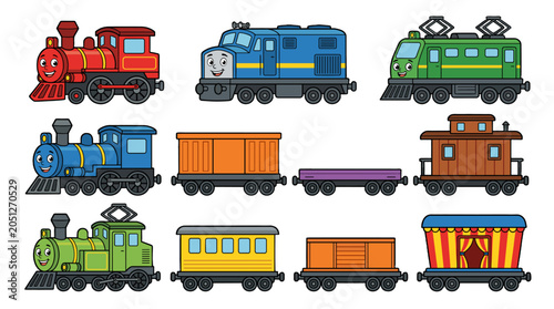 Cartoon train collection with locomotives and railway cars