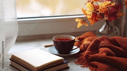 autumn study scene with tea, notebook and warm blanket near window