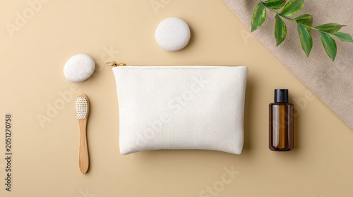 blank cosmetic pouch and accessories on soft fabric, lifestyle product mockup banner