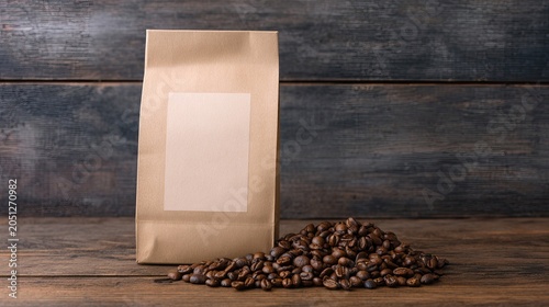 blank paper coffee bag with beans on wooden table