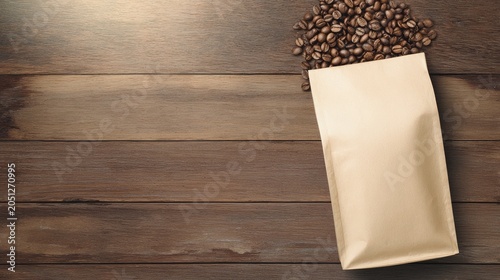 blank paper coffee bag with beans on wooden table