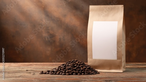 blank paper coffee bag with beans on wooden table