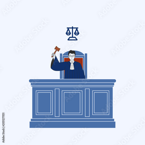 Professional judge presiding over courtroom from judicial bench.
