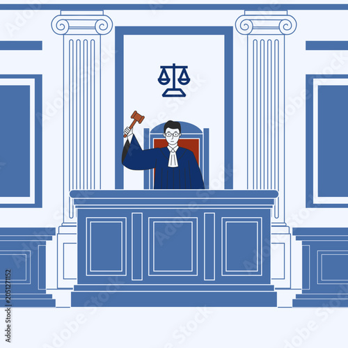 Judge sitting inside detailed courtroom interior environment illustration.