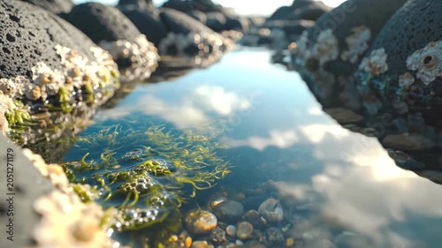 Close up of green marine algae in volcanic basalt tide pool reflecting azure sky