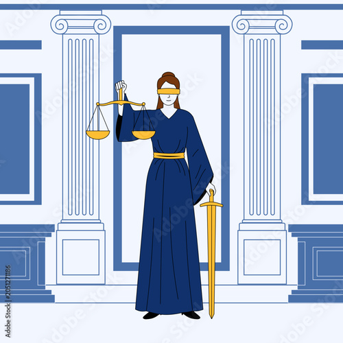 Elegant Lady Justice standing inside classical courthouse interior.