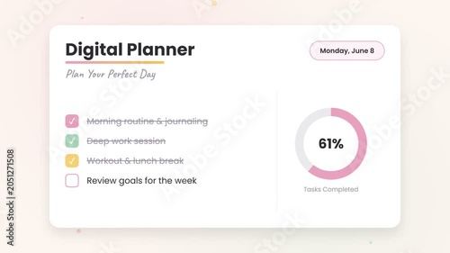 Digital Planner Application Interface with Progress Tracking and Daily Tasks