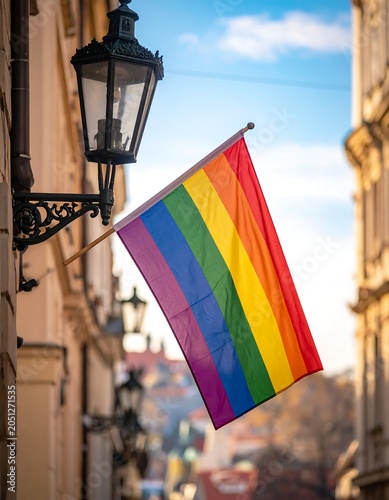 A vibrant rainbow flag hangs on a building's facade, illuminated by a decorative lantern under a bright, cloud-speckled sky