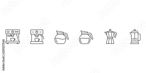Coffee brewing equipment line icon set vector illustration of espresso makers, pots, and carafes.