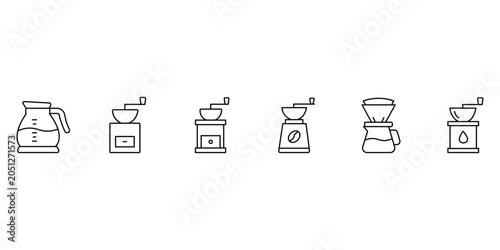 Coffee grinder and manual pour over dripper line icon set vector illustration for cafe.