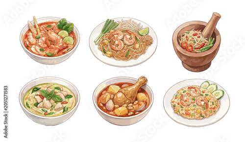 Принти на полотні Beautiful watercolor illustration showcasing a variety of delicious Thai dishes,