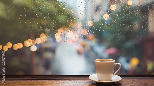 rainy day cafe window with coffee cup and blurred street