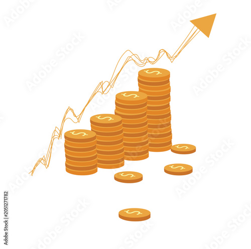 Golden coins stacks with arrow