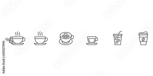 Coffee cup and hot beverage line icon set vector illustration of latte art and drinks.