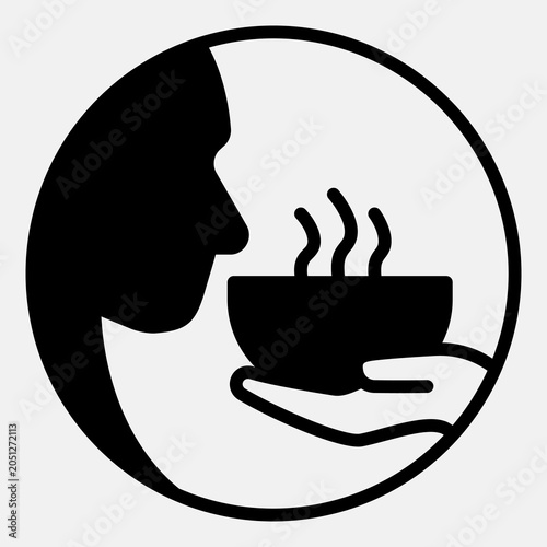 Foto Plate of soup in hand and person face solid icon, food assistance concept
