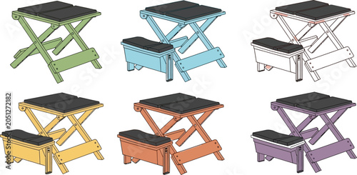 Foto Collection of colorful folding step stools with black seats isolated on white ba