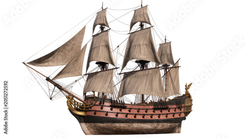 Cuadro en lienzo Antique wooden sailing ship with multiple sails and ornate bowsprit