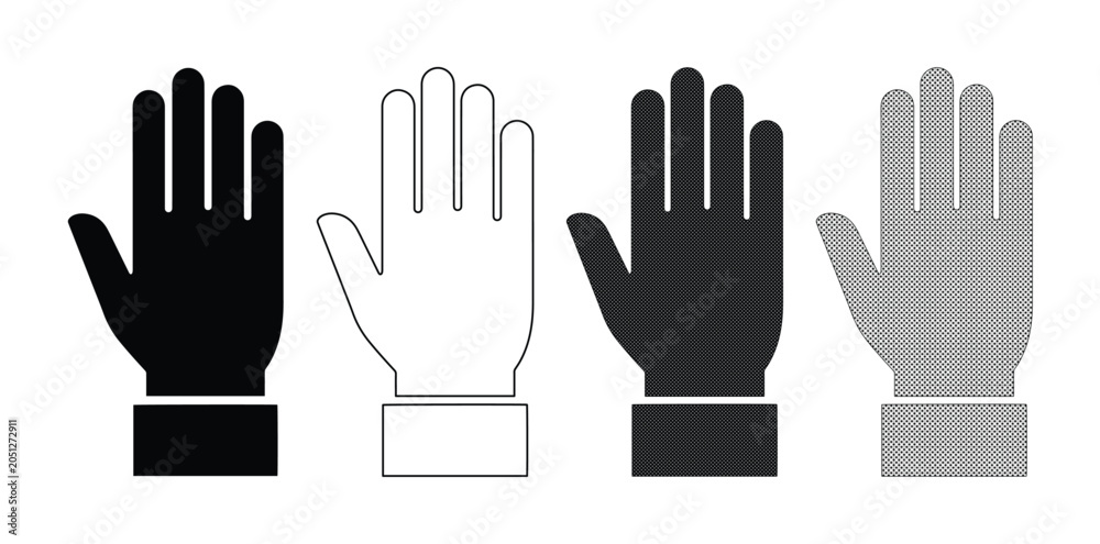 Fototapeta premium Four open human hands vector set, stop gesture and greeting symbol, black and white flat design, simple palm icon collection for UI/UX, web, and print projects