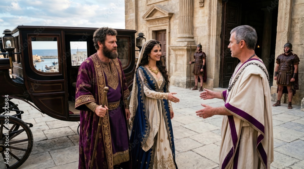 Obraz premium King Agrippa and Queen Bernice arriving in Caesarea meeting Festus. Ancient historical scene based on Bible Acts 25. Royal couple in traditional clothing meeting Roman governor.