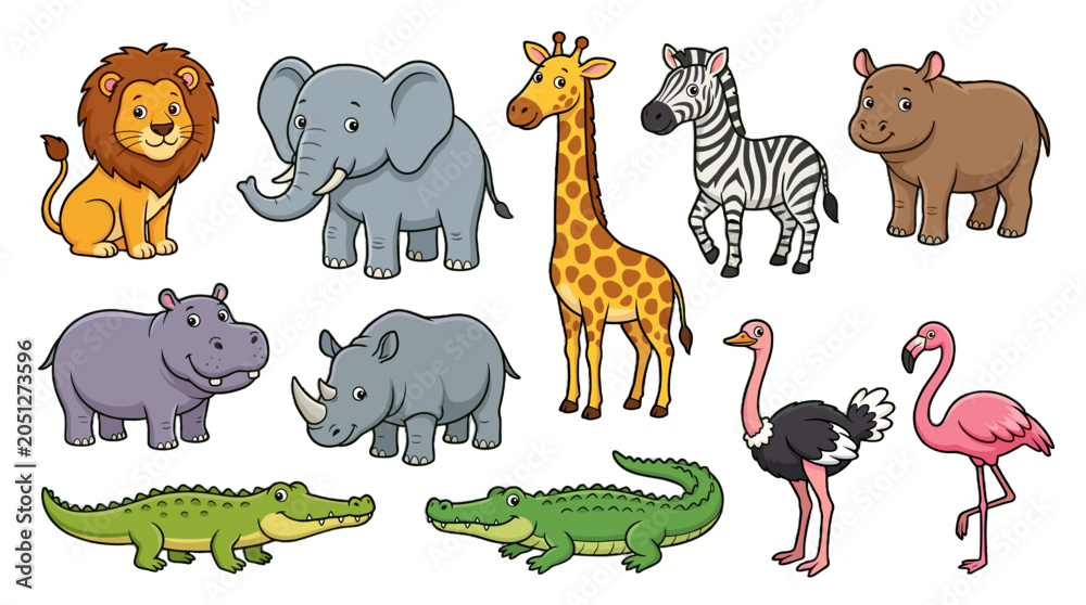 Fototapeta premium Cartoon safari animals collection isolated on white background