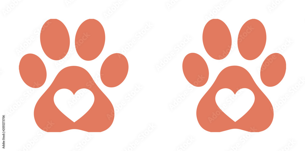 Fototapeta premium Cute Paw Print Vector Icons, two adorable orange animal paw prints with white heart shapes, perfect for pet care branding, veterinary clinics, or animal lover designs