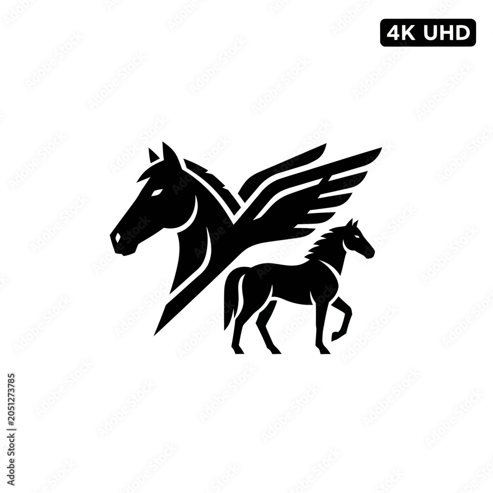 Fototapeta premium Mythical Pegasus and Horse Silhouette Icon, Vector Art