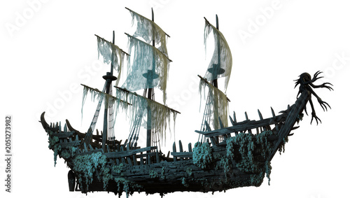 Foto Ghostly pirate ship with tattered sails and skeletal figurehead