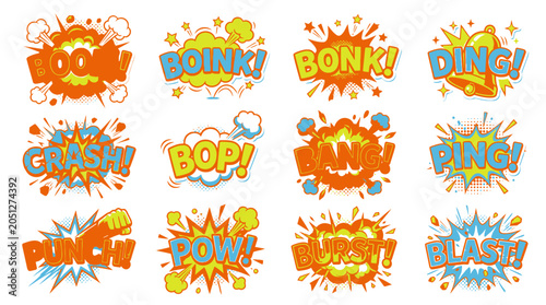 Warm toned comic style sound effect bubbles set.
