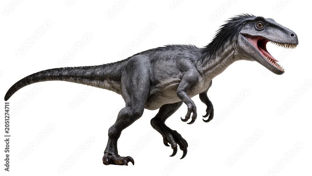 Fototapeta premium Gray Velociraptor Dinosaur with Open Mouth and Sharp Claws