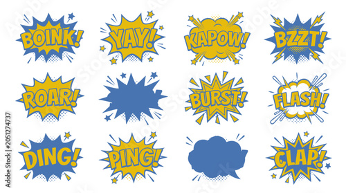 Yellow and blue comic sound effect bubble collection.