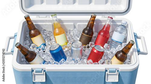 Refreshing assortment of drinks in a portable blue cooler box with ice cubes for summer outdoor activities like beach picnics and camping trips