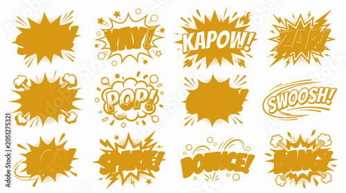 Yellow comic book sound effects and silhouette bubbles pack.