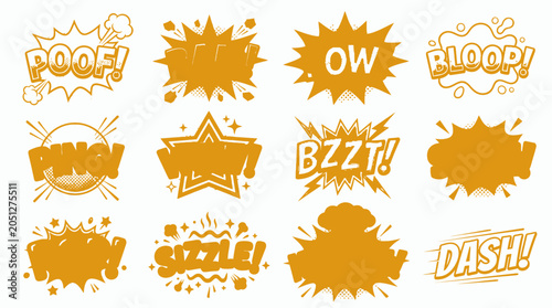 Yellow comic onomatopoeia bubbles and explosion shapes collection.