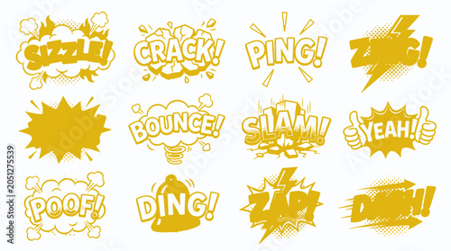Yellow comic book sound effects on white background