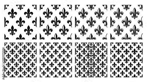 Black fleur de lis seamless pattern set on white background