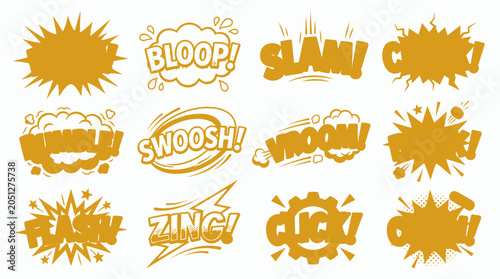 Yellow monochromatic comic onomatopoeia and speech bubbles collection.