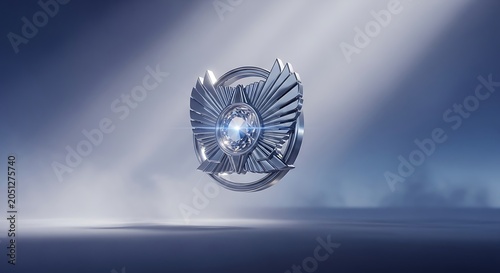 Futuristic Silver Emblem Orb with Radiating Wings in Soft Light