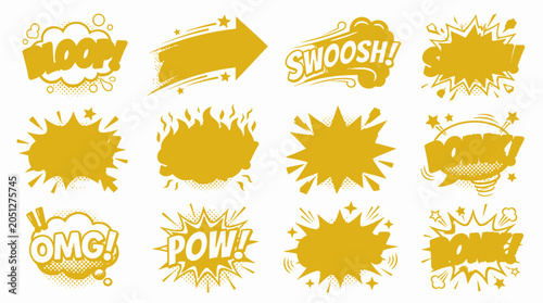 Yellow flat design comic book sound effect icon set.