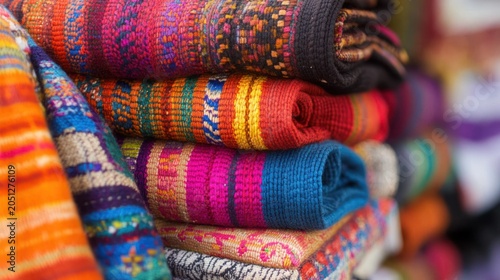 Vibrant woven andean textiles stacked together