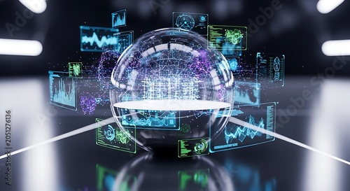 Futuristic Glass Sphere Connected Data Visualizations Floating Around