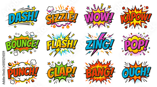 Vibrant comic word stickers including flash and zing.