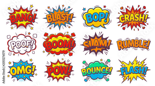 Vibrant comic style speech bubbles with loud sound effects.