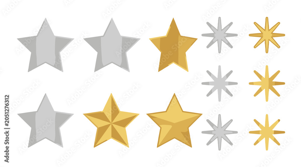 Obraz premium Set of silver and gold star icons with metallic gradient design