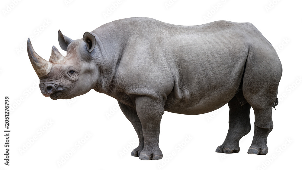 Naklejka premium Gray rhinoceros with two horns standing profile view