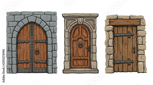 Set of medieval wooden doors with stone arch frames